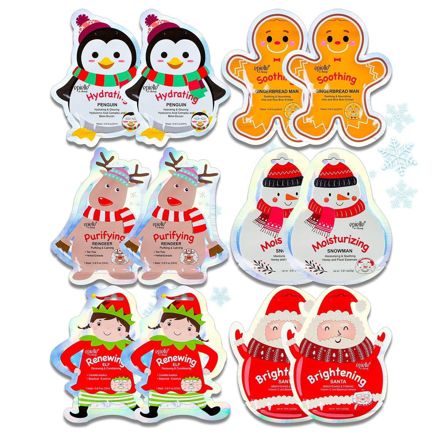 Epielle Christmas Holiday Character Sheet Mask Assortments, Santa, Reindeer, Snowman, Elf, Gingerbread, Penguin| Stocking Stuffers, Christmas Gift Ideas (12pk) Birthday Party Gift for her kids, Spa