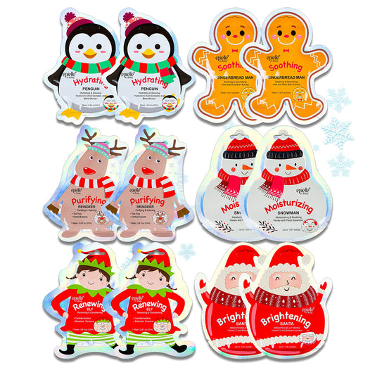 Epielle Christmas Holiday Character Sheet Mask Assortments, Santa, Reindeer, Snowman, Elf, Gingerbread, Penguin| Stocking Stuffers, Christmas Gift Ideas (12pk) Birthday Party Gift for her kids, Spa