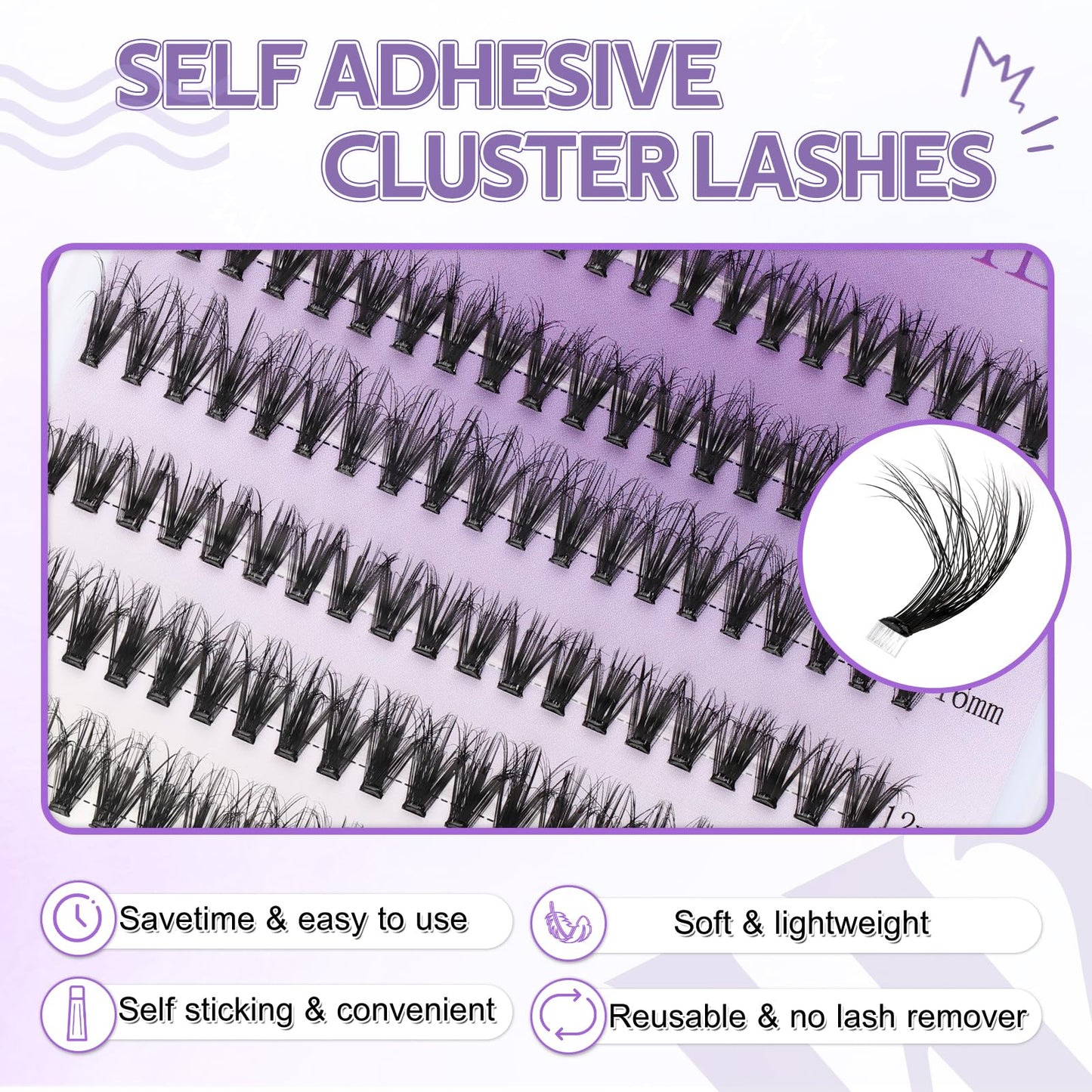 Self Adhesive Eyelashes Press On Lash Clusters 30/40/50D Eyelash Clusters Kit 3D Curl 12-16mm Lash Extension Kit Pre-Glued DIY Eyelash Extensions No Glue No Remover Lash Self Application