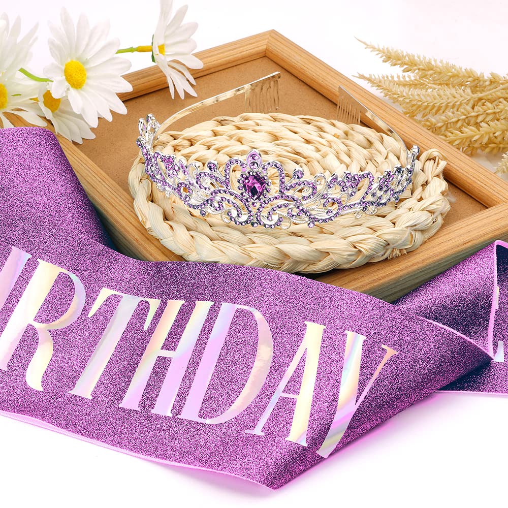 Birthday Crown for Girls - Purple Tiara Sash Rhinestone Crystal Headband Princess Queen Decorations Accessories