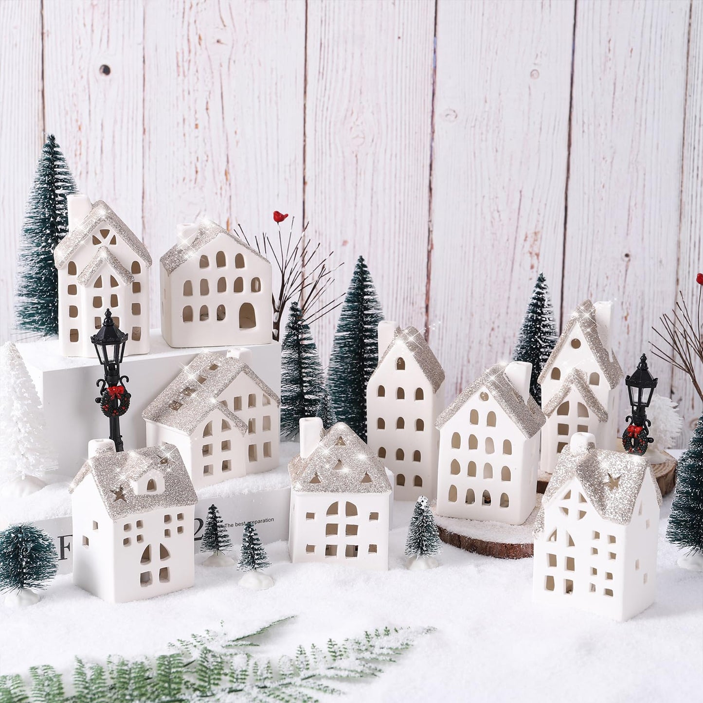 Spdmhyo 29Pcs Ceramic Christmas Village Set with Tea Light Christmas Pine Trees Xmas Street Lamp White Porcelain House Mantle Tabletop Christmas Decoration(Built in LR44)