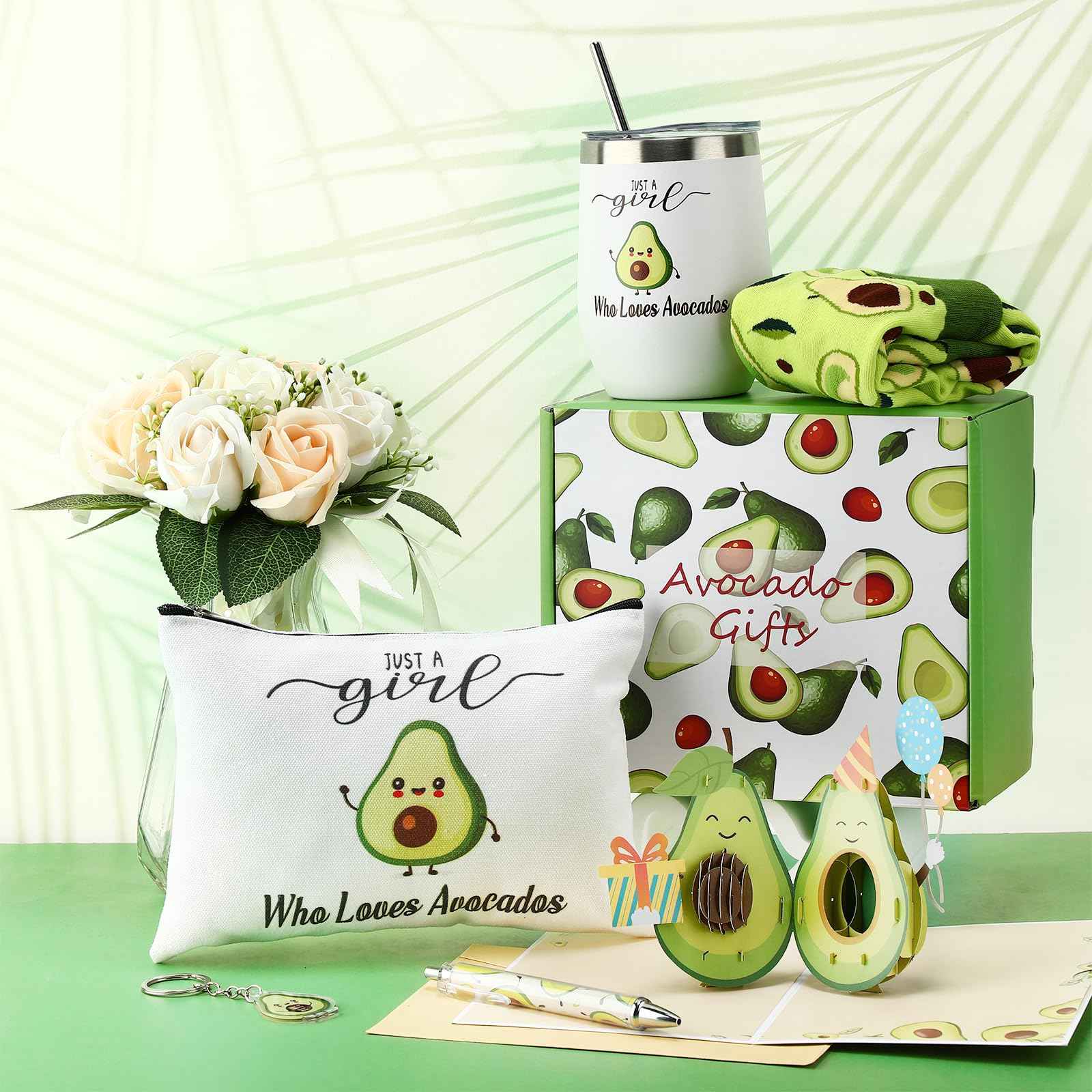 Singhoow 6 Pcs Funny Gift Baskets for Women Girls Pickle Avocado Socks with Vegetable Animals Makeup Bag Insulated Tumbler Keychain Greeting Card Pen for Christmas Birthday Party(Avocados)