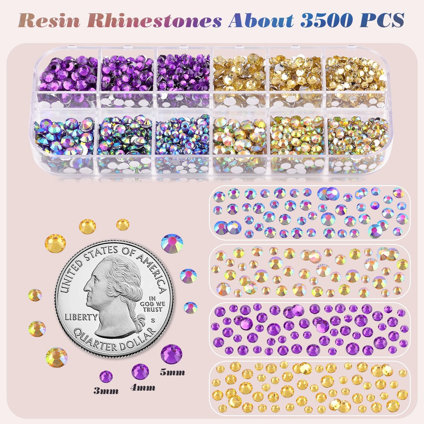 3500 PCS Flatback Rhinestones for Crafting and 2PCS B7000 Glue (Pack 9), 1 Box of 3/4/5mm Colorful Resin Rhinestones Gems Charms for Bedazzling DIY Crafts Fabric Clothing Tumblers Shoes Nail Art