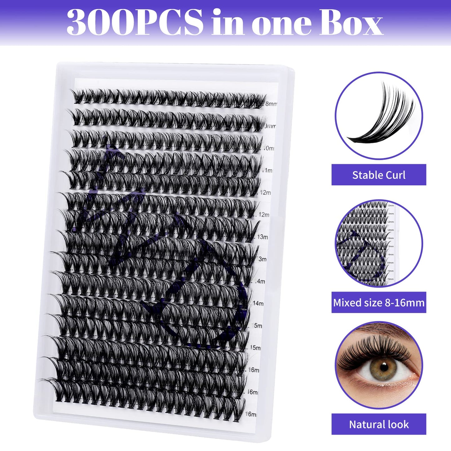 Individual Lashes DIY Eyelash Extension 300PCS Lash Clusters Extensions C/D Curl Comfortable Super Soft Lash Clusters Reusable Wispy Eyelashes Extensions Clusters(300PCS-40D-0.07CC,8-16mm Mixed Tray)