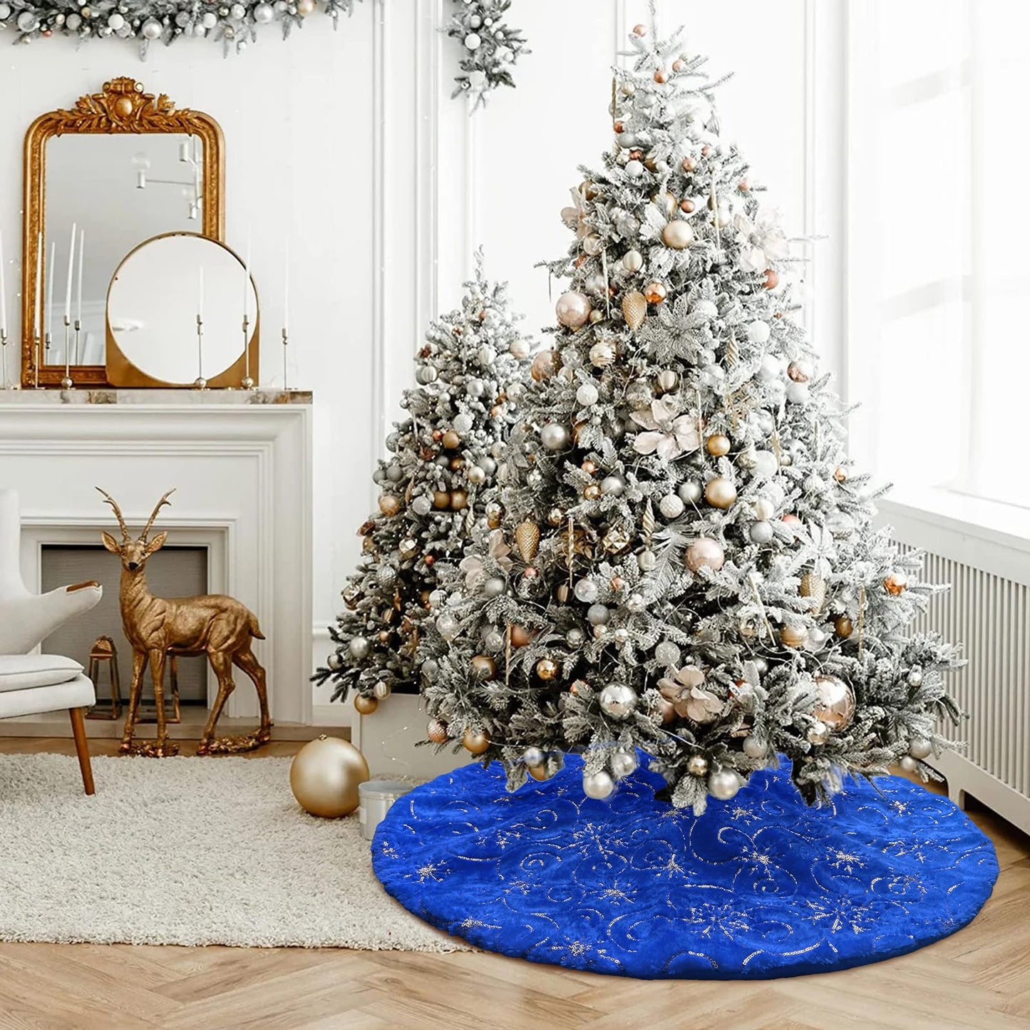 Amidaky Christmas Tree Skirt Blue 48 inch Silver Christmas Tree Skirt Snowflakes Faux Fur for Xmas Holiday Home Party Decorations