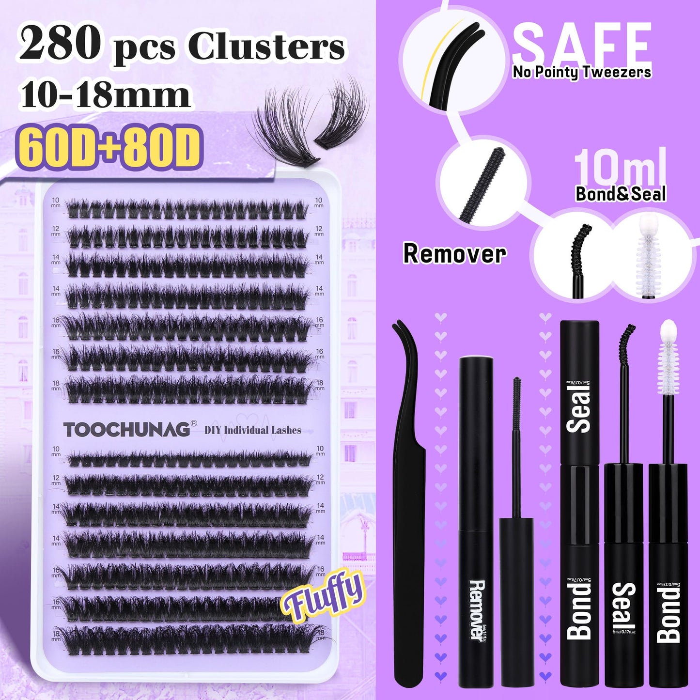 TOOCHUNAG Fluffy Clusters Lash Extension Kit Thick Eyelash Extension Kit 60D+80D Wispy Cluster Individual Lashes Kit with Lash Bond and Seal, Lash Remover, Eyelashes Tweezers (280Pcs,10-18mm)