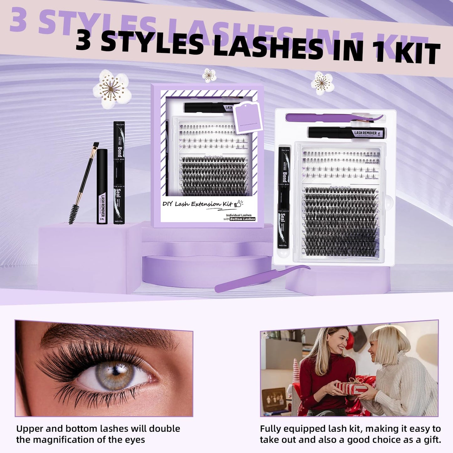 Eyelash Extension Kit with Bottom Lash Extension 10-18mm 30D D Curl Lash Clusters Kit with Bottom Lashes DIY Lash Extension Kit Bond and Seal Lash Applicator (Kit-30D-D-MIX10-18)