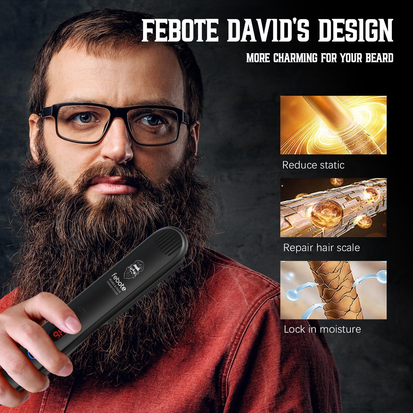 FEBOTE Innovation Beard&Hair Straightener for Men w/Natural Boar Bristle Brush, Pear Wood Comb, Mustache Scissors and Travel Bag, Professional Beard Care Set for Him, Men's Fashion and Grooming Gifts