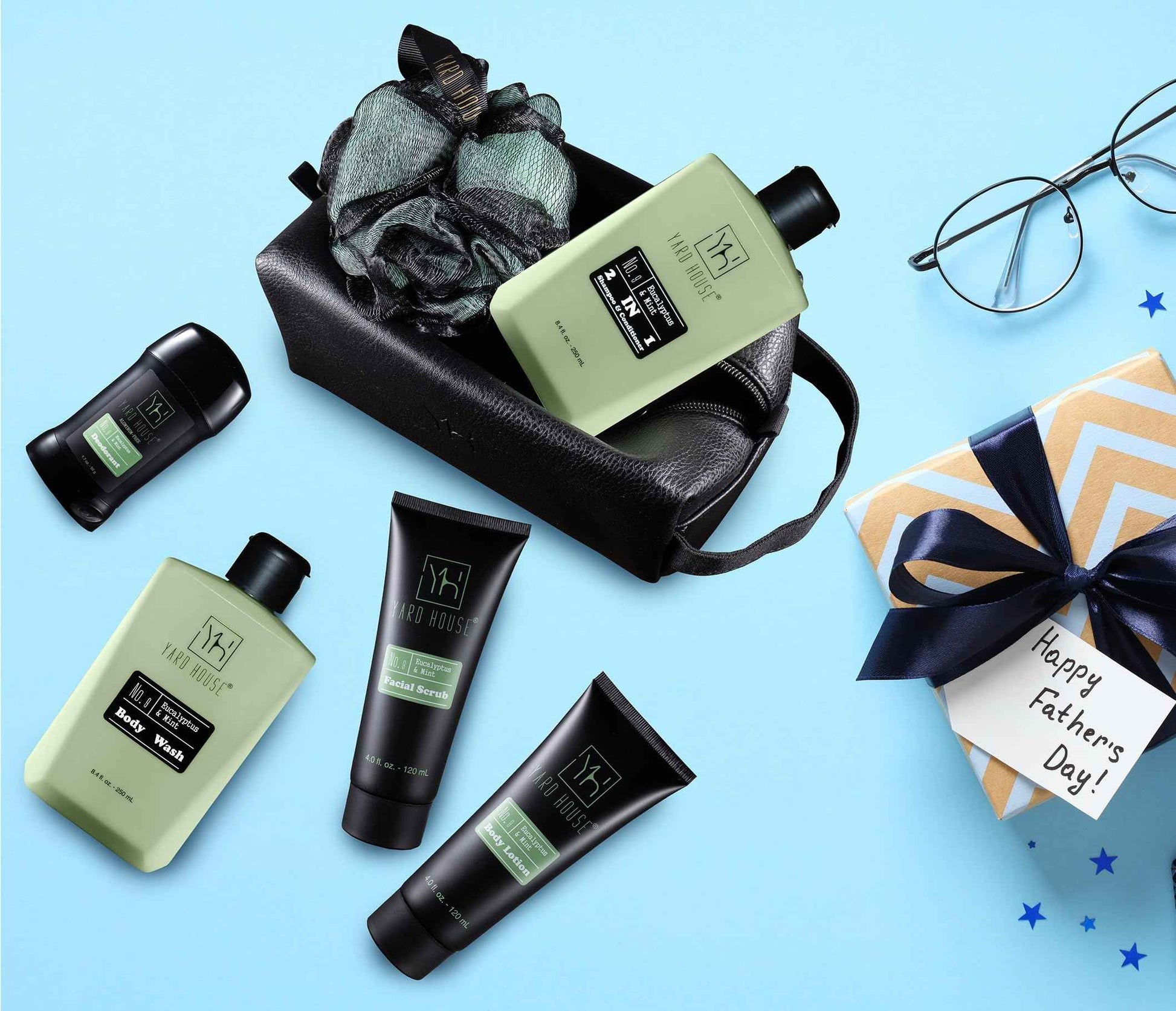 Yard House Mens Luxury Bath and Body Gift Set For Him - Skin Care Kit in Eucalyptus and Mint - Fathers Day Birthday Christmas Gifts Ideas For Men - 7Pcs Set w. Full Size Items in Leather Toiletry Bag