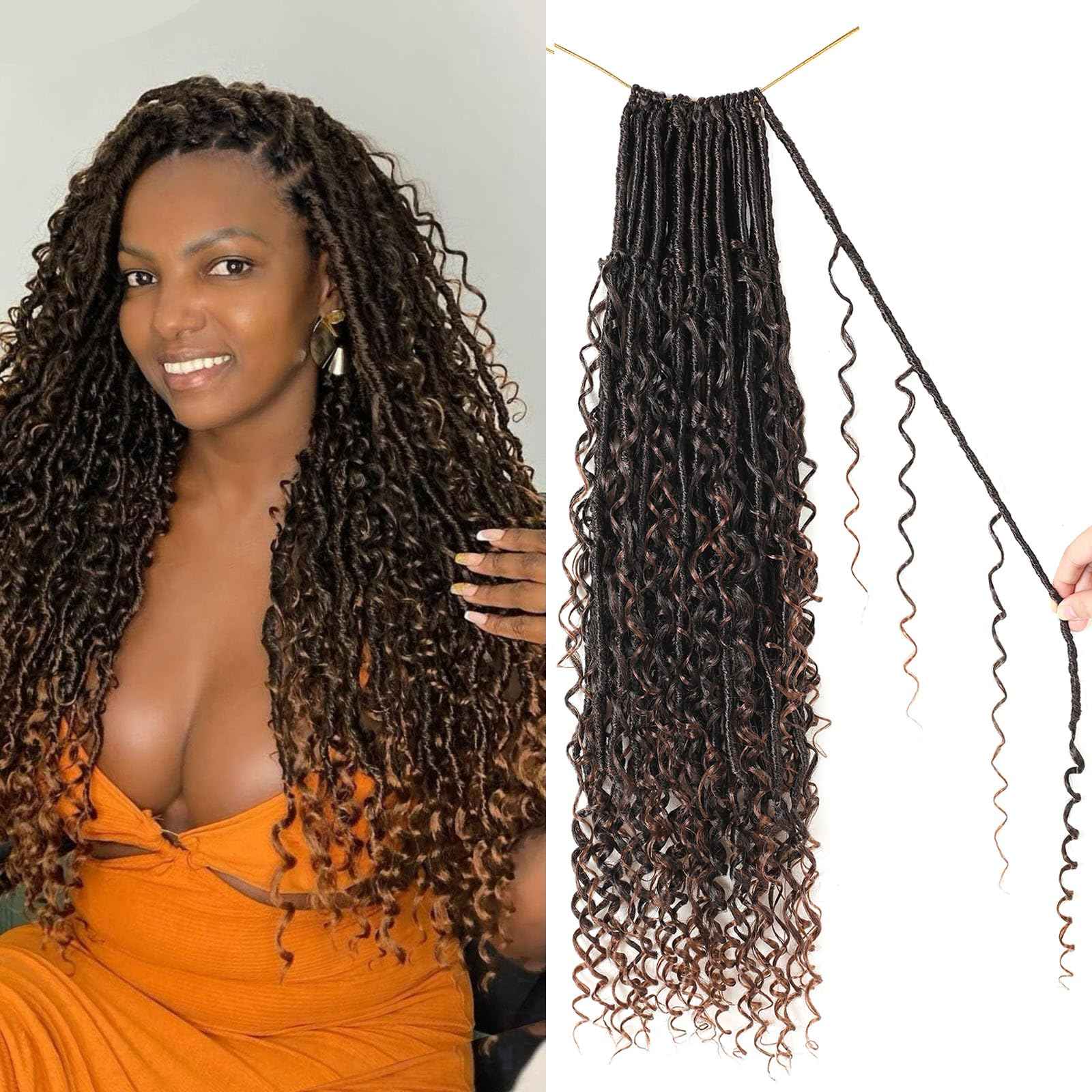 9 packs Boho Faux Locs Crochet Hair, 24 Inch, Ombre Medium Dark Brown Pre Looped Goddess Soft Locs Crochet Hair with Curly Ends, Bohemian River Locs for Black Women(T1B/30#, 24 Inch)