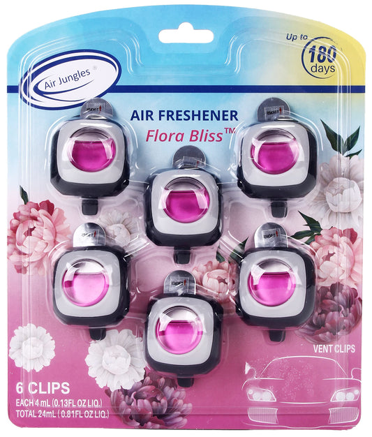 Air Jungles Flora Bliss Scent Car Air Freshener Clip, 6 Car Freshener Vent Clips, 4ml Each, Long Lasting , Up to 180 Days Car Refresher Odor Eliminator