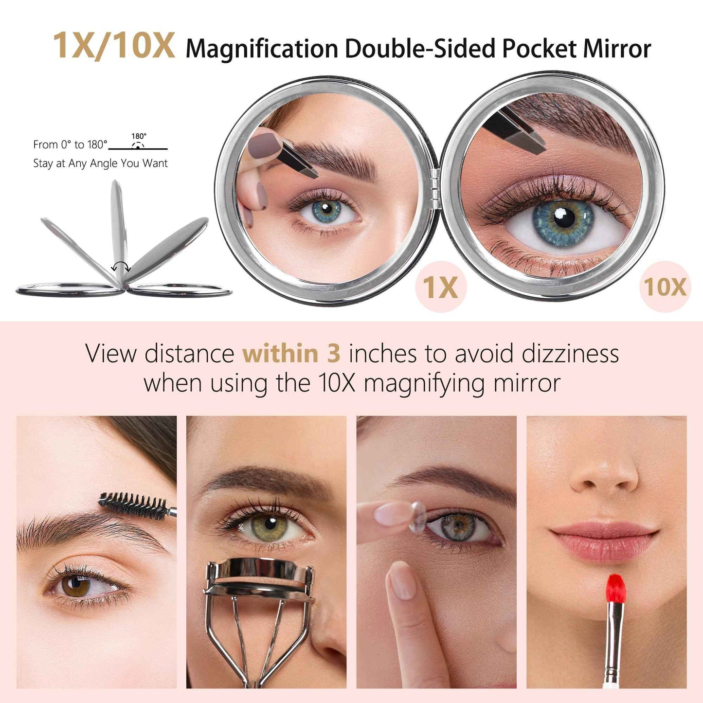 WangSelect Travel Makeup Bag with Light-up Mirror Portable Cosmetic Organizer Train Case with Adjustable Dividers & Brushes Holder &1X/10X Magnifying Compact Mirror & Eyebrow Trimmer- Pink