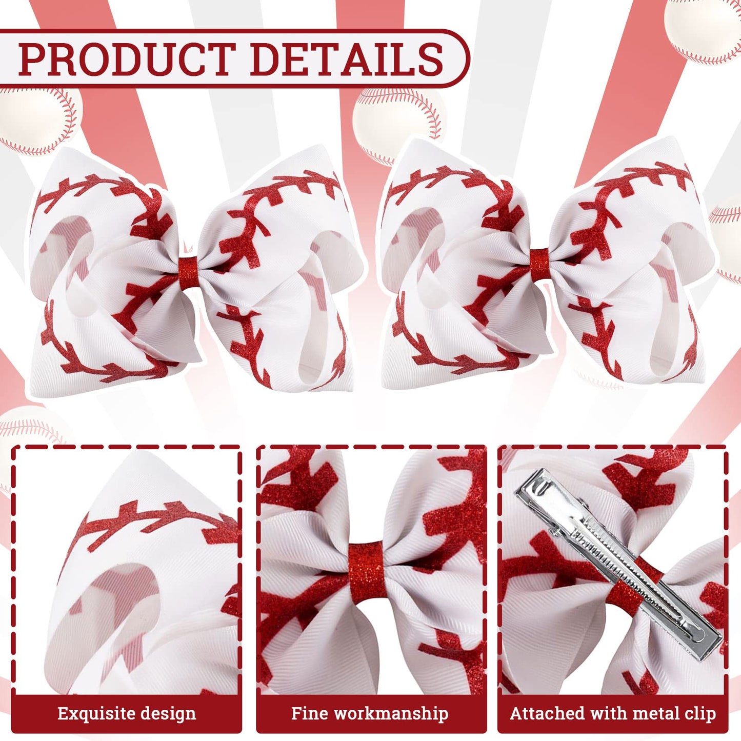 Whaline 2Pcs Baseball Glitter Hair Bow Clips Red and White Baseball Cheer Grosgrain Ribbon Barrettes Alligator Clips Hair Accessories for Girls Teens Toddlers