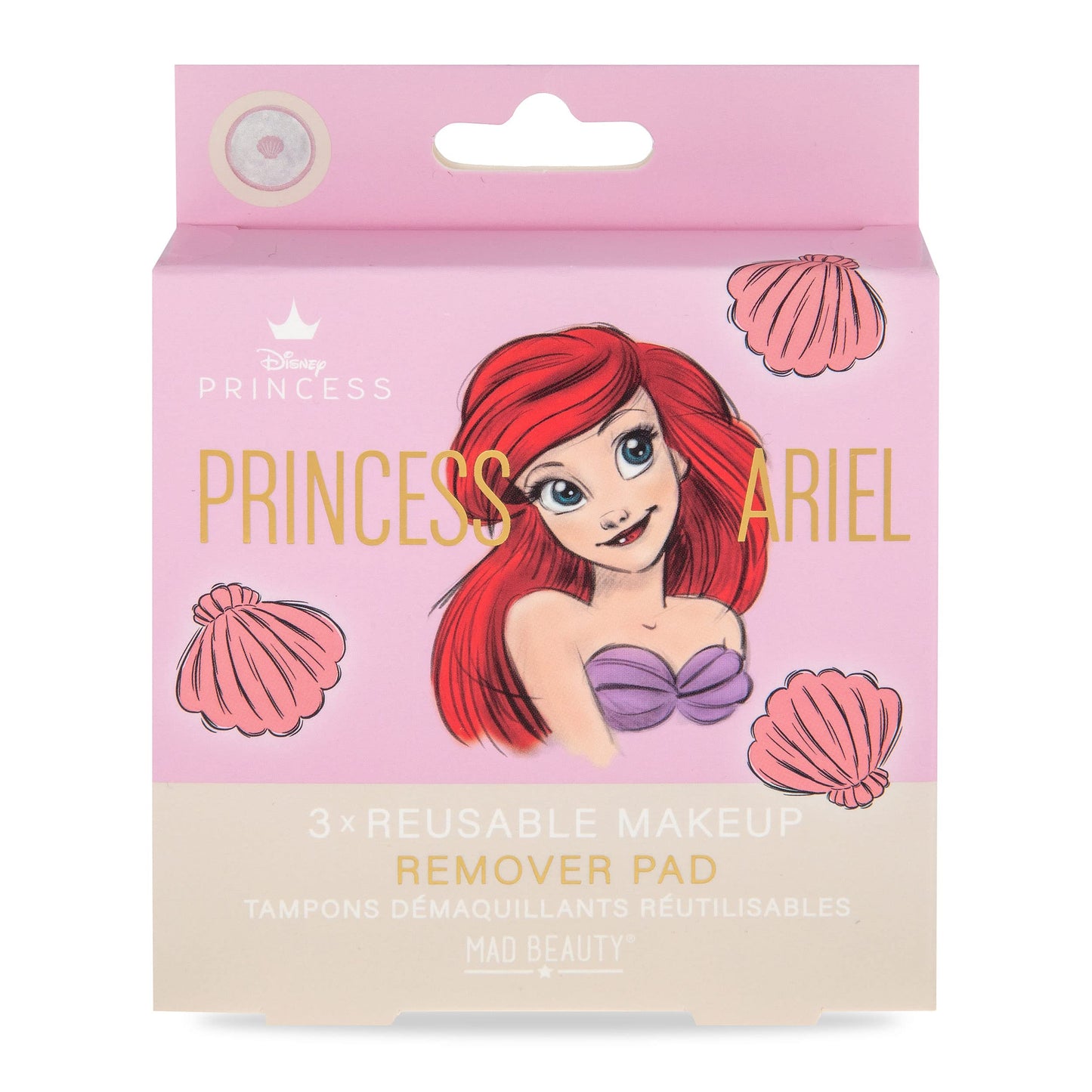 MAD BEAUTY Disney Pure Princess Ariel Reusable Make-Up Remover Pads (3-Pack), Pink Shell Design Cotton, Cleanse Away Make-Up & Impurities from Skin, Self-Care Routine, The Little Mermaid