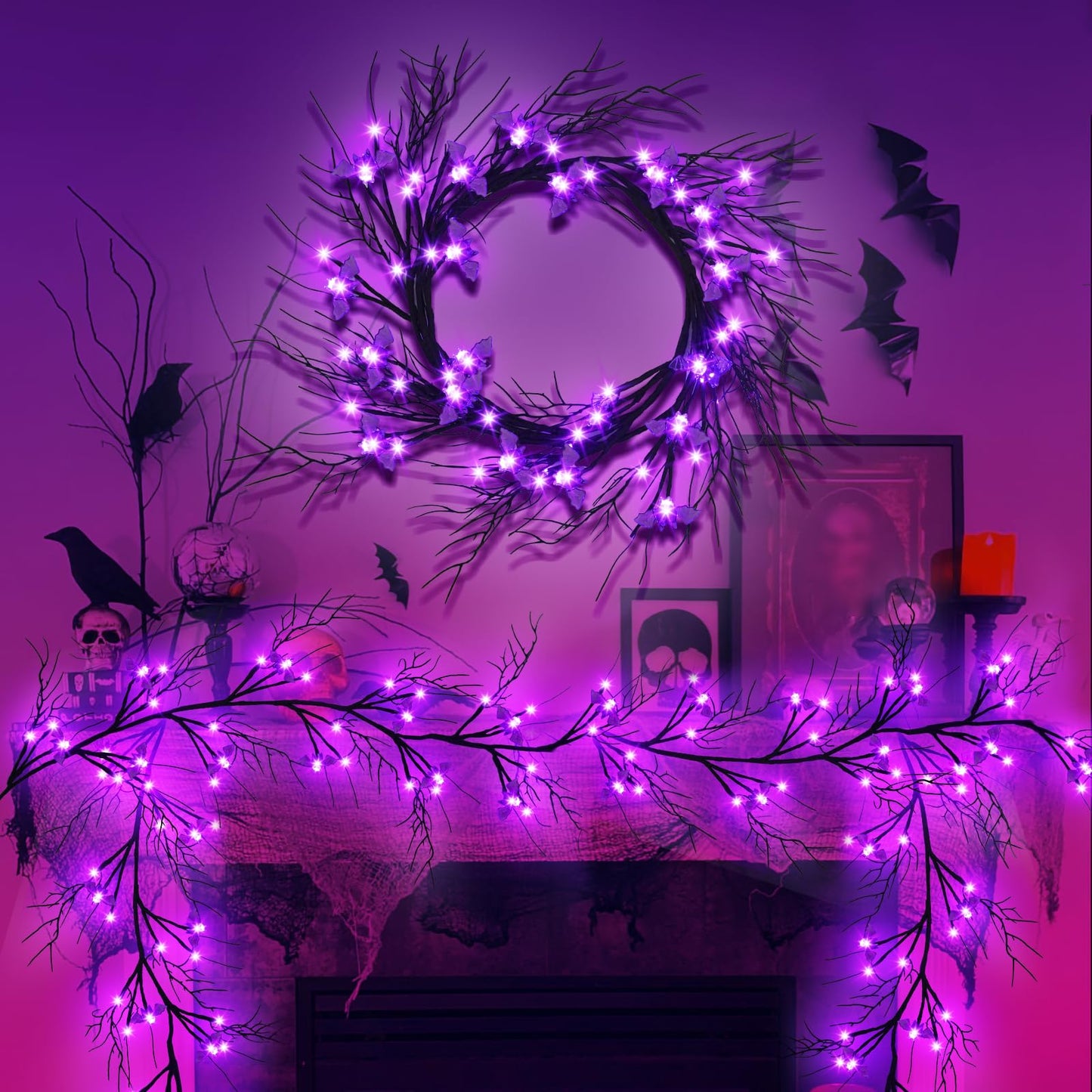 [Timer & 8 Modes] Krissing 6Ft 57 LED Halloween Willow Vine Twig Halloween Garland with 19 Bats Purple Lights Waterproof Battery Operated Halloween Lights Home Indoor Wall Fireplace Mantle Decor