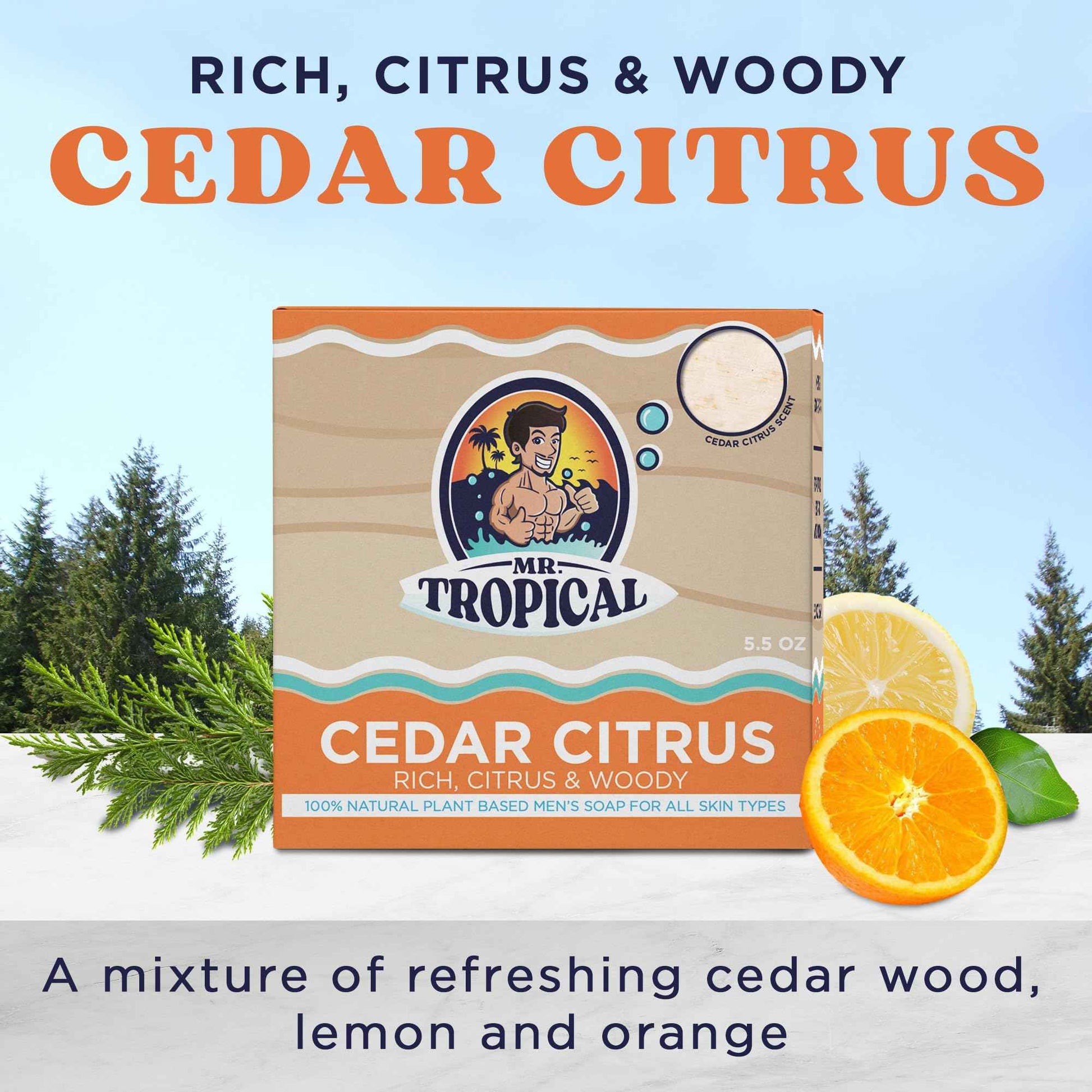 Mr. Tropical Cedar Citrus Natural Scent Handmade Organic, Essential Oils Men's Soap Bar Beard Body, Face Wash Bath Nourishing Bar Soap - 5.5 Ounce - Pack of 3