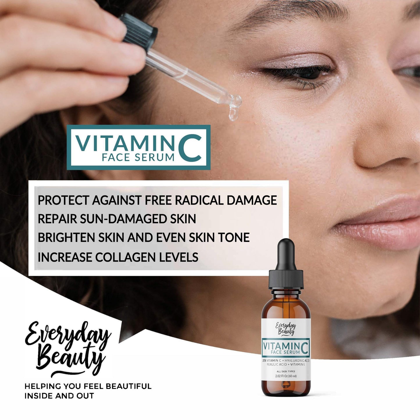 Vitamin C Serum For Face - Anti-Aging Skin Brightening Serum With 20% Vitamin C, Hyaluronic Acid, Vitamin E & Ferulic Acid - 2.02 Fl Oz