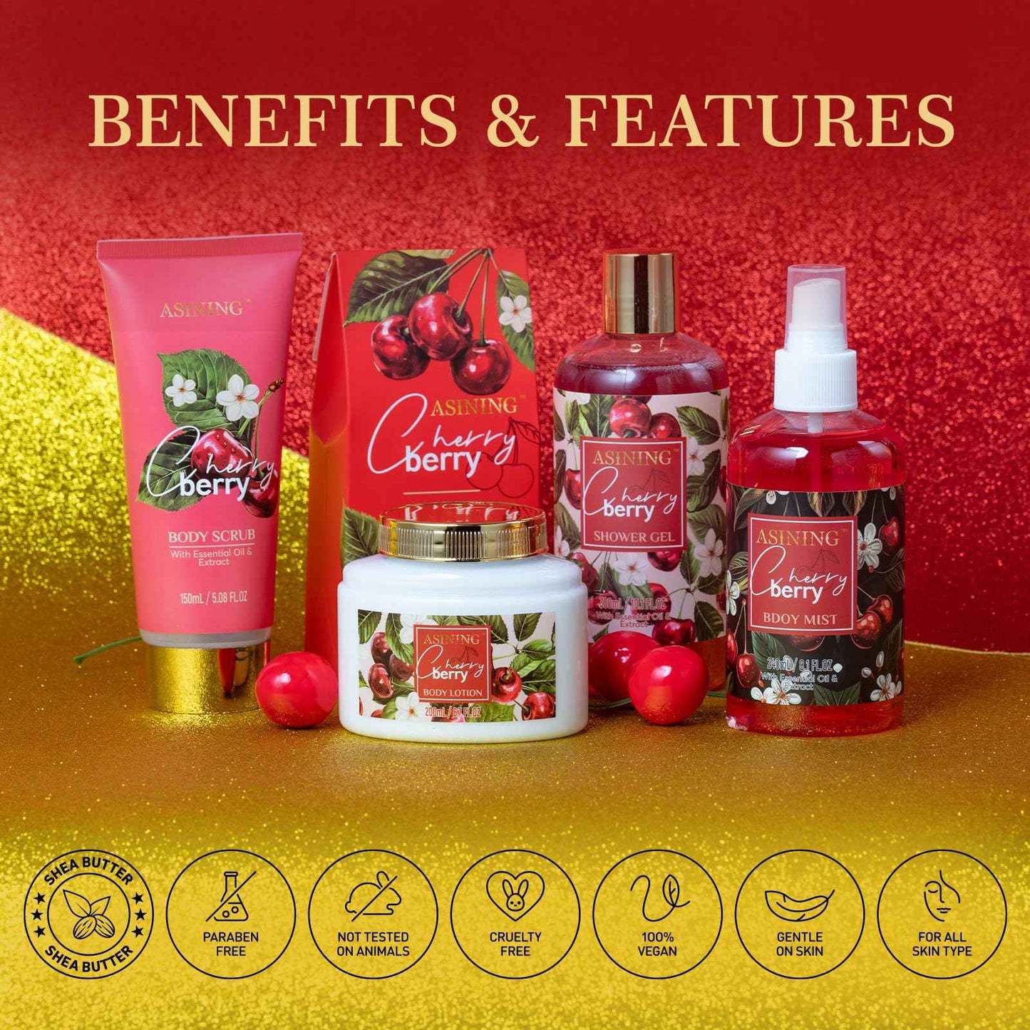 Bath & Body Basket Set, Cherry Fruit Scent Spa Gift Basket with Shower Gel, Lotions for Women Gift Set, Spa Kits for Christmas Valentine's Birthday Gift All Occasion Holiday Gift Idea Luxury Bath Set