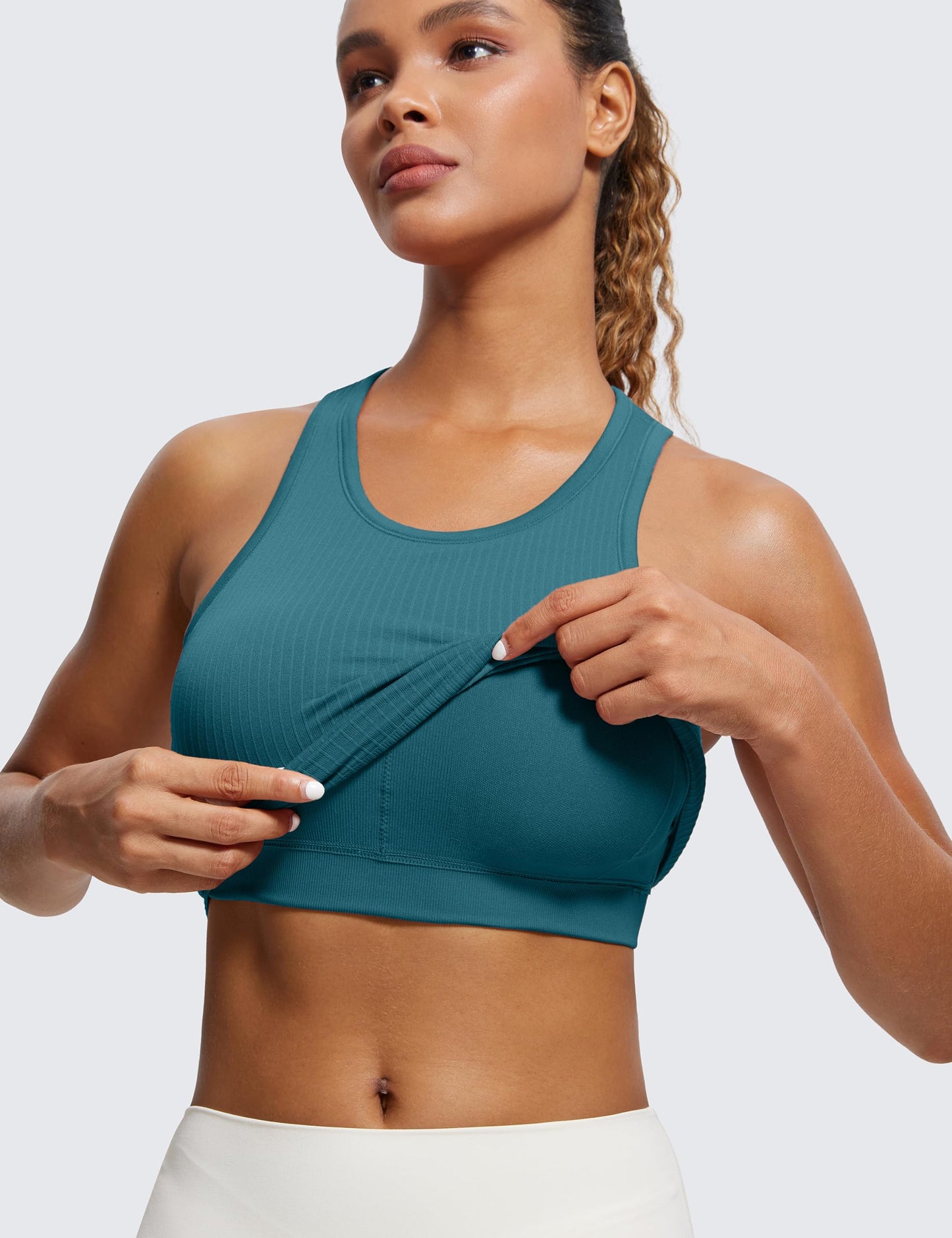 CRZ YOGA Womens Seamless Ribbed Longline High Neck Sports Bra - Racerback Padded Slim Fit Crop Tank Top with Built in Bra Green Jade XX-Small