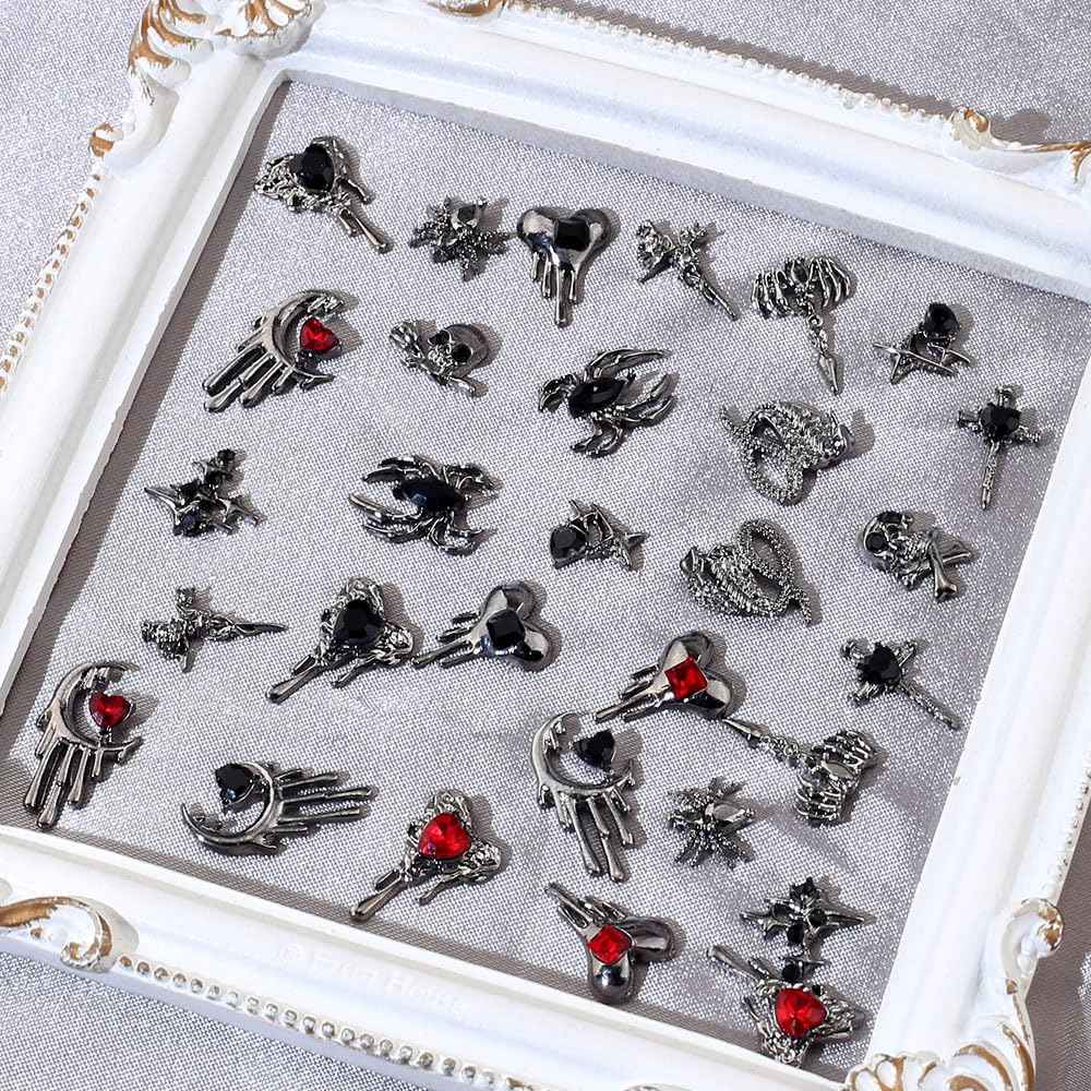 30pcs Halloween Nail Charms for Acrylic Nails 3D Halloween Charms for Nails Cross Nail Charm Star Moon Heart Spider Skull Nail Designs Alloy Nail Art Charms Metal Nail Jewels for Nail Art Supplies