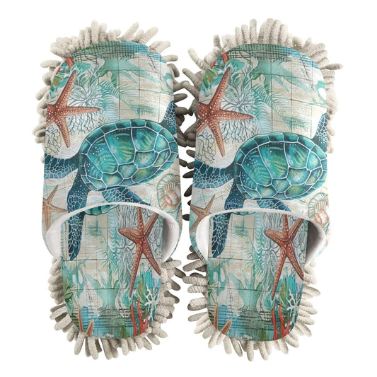 Boccsty Sea Turtle Starfish Mop Slippers Shoes Tortoise Map Ocean Animal Cleaning House Slippers Spa Slippers Dusting Slippers Home Shoes M for Men Women