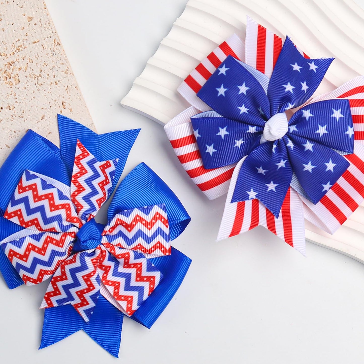 Patriotic Party Grosgrain Ribbon Barrettes - 4th of July Star Hair Clips, Alligator Clips for Women and Girls, Blue Stripes, Holiday and Memorial Day, 2PCS