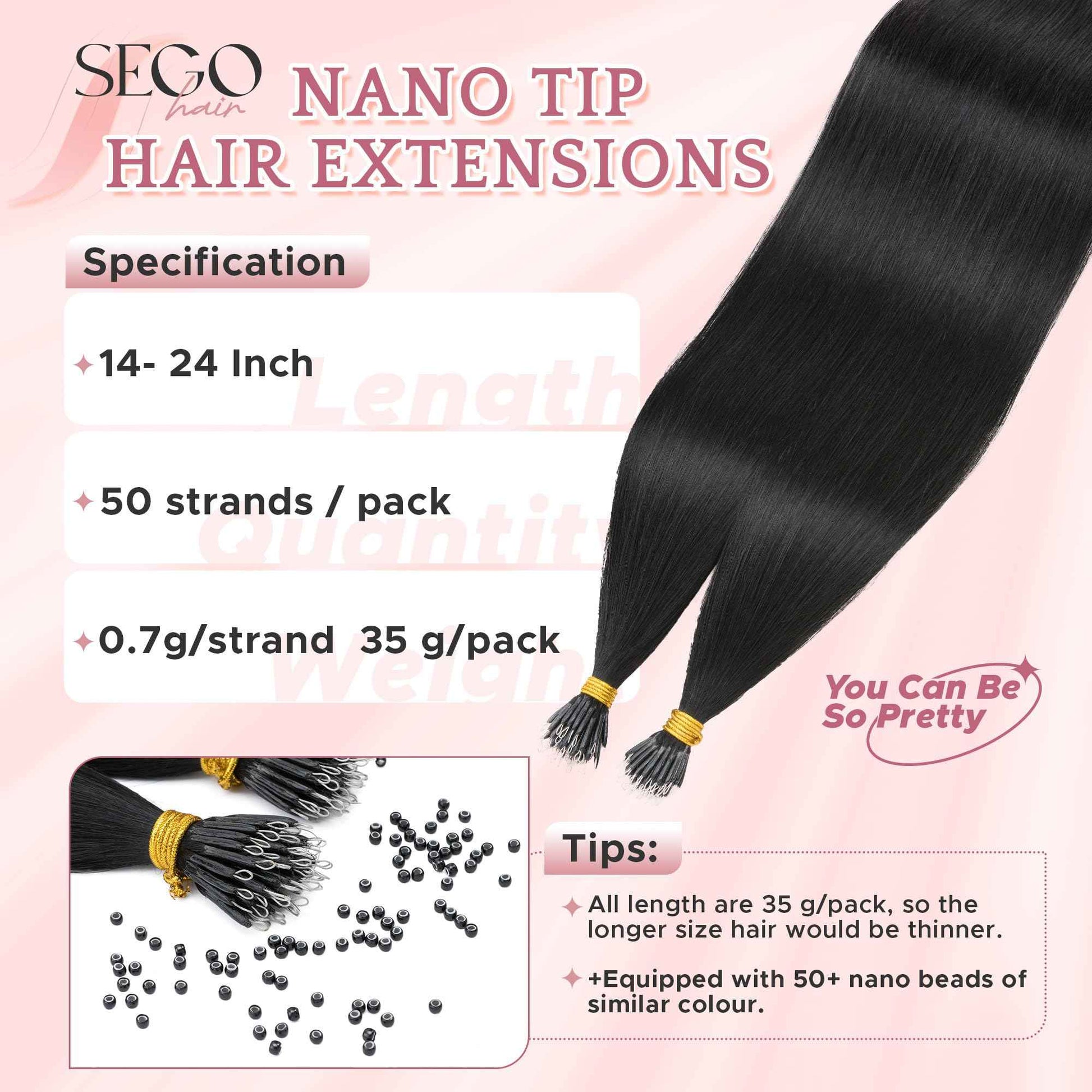 SEGO Nano Tip Hair Extensions Human Hair, Nano Beads Balayage Seamless Highlight Pre-bonded Extensions for Women, 0.7g/strand, 50 strands 35g/pack -18 Inch#01 Jet Black