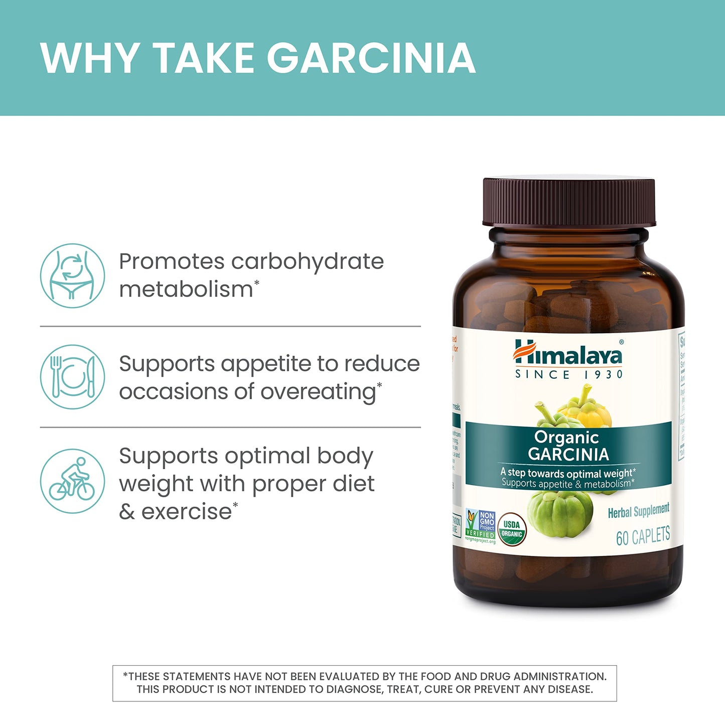 Himalaya Organic Garcinia Cambogia Herbal Supplement, Appetite Control, Lipid Metabolism, Weight Support, USDA Organic, Non-GMO, Vegan, 600 mg, 120 Plant-Based Caplets