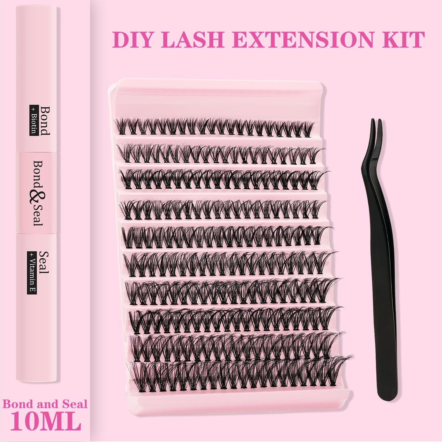 QUEWEL DIY Eyelash Extension Kit, 200pcs Lash Clusters Thin Band with Bond and Seal Strong-hold and Waterproof, Cluster Lashes Applicator, DIY Lash Extensions User Manual at Home (QD02-MIX8-18)