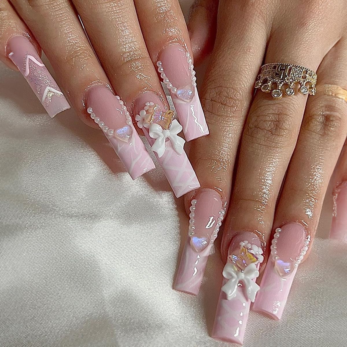 24 Pcs Pink Press on Nails Long Coffin Square - SHANRUN Cute Fake Nails Press ons French Nail Art Tip Glue on Nails Full Cover False Nails with 5D Bow Heart Charms Design Pearl on Nails Acrylic Kit