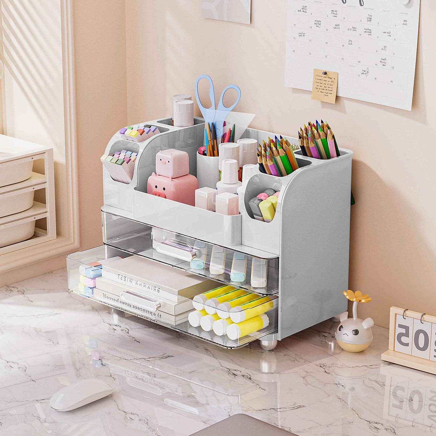 Delamu Makeup Organizer Countertop with 6 Brush Holder, Bathroom Countertop Organizer with 2 Large Drawers, Cosmetic Display Case for Vanity, Ideal Christmas Gifts for Women Girls, Light White