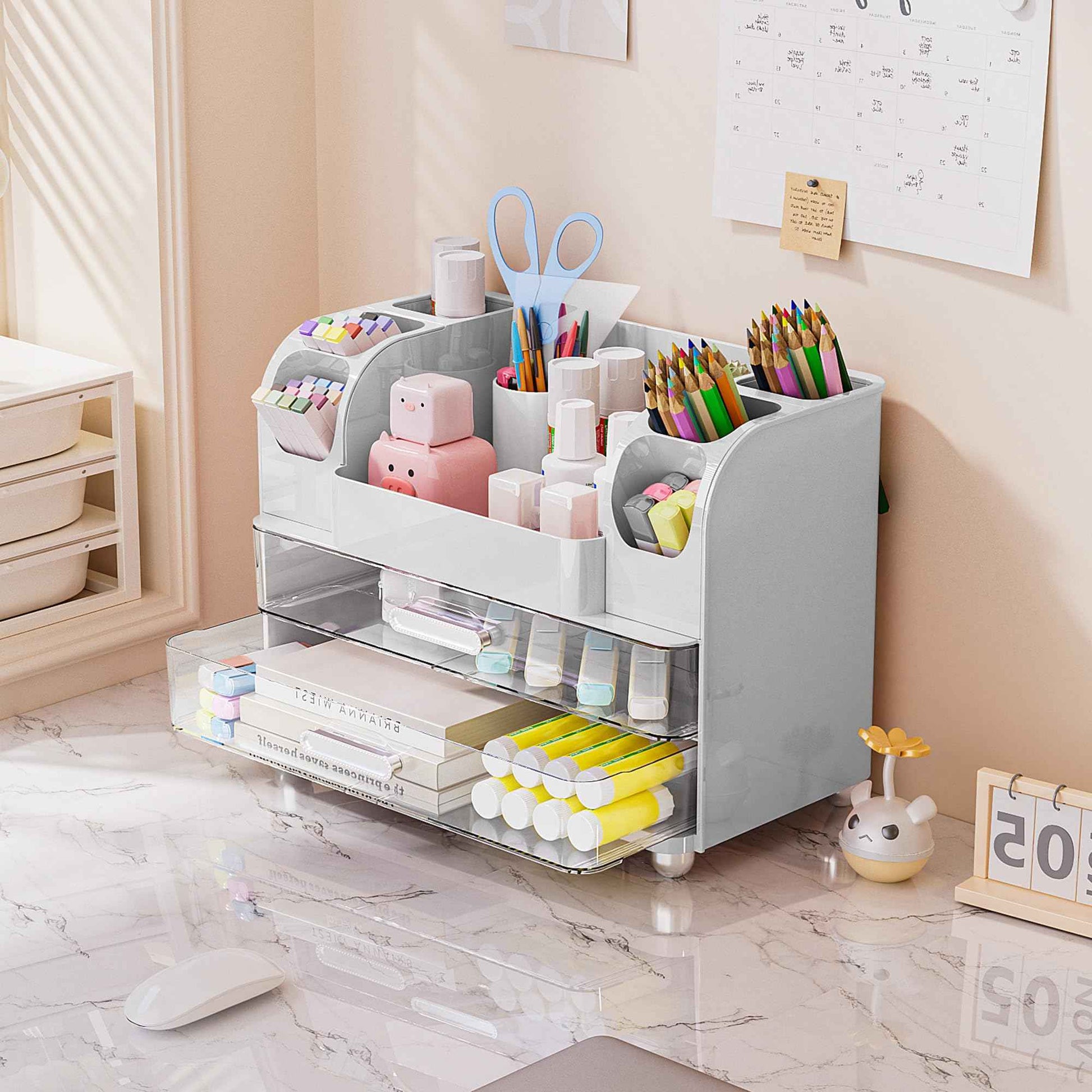 Delamu Makeup Organizer Countertop with 6 Brush Holder, Bathroom Countertop Organizer with 2 Large Drawers, Cosmetic Display Case for Vanity, Ideal Christmas Gifts for Women Girls, Light White