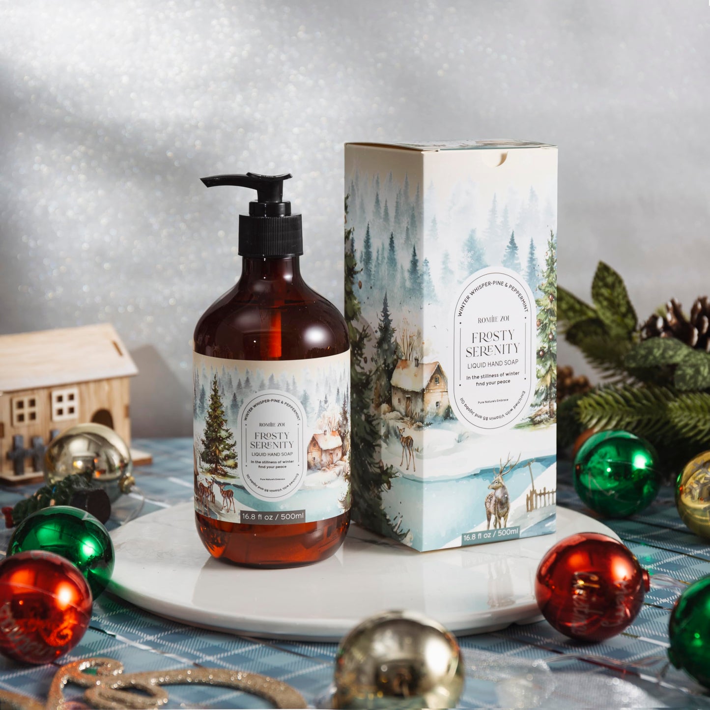 ROMIIE ZOI Christmas Liquid Hand Soap with Gift Box - Frosted Serenity, Infused with the Frosted Mint & Fir Aroma - 500ml/ 16.8 fl.oz