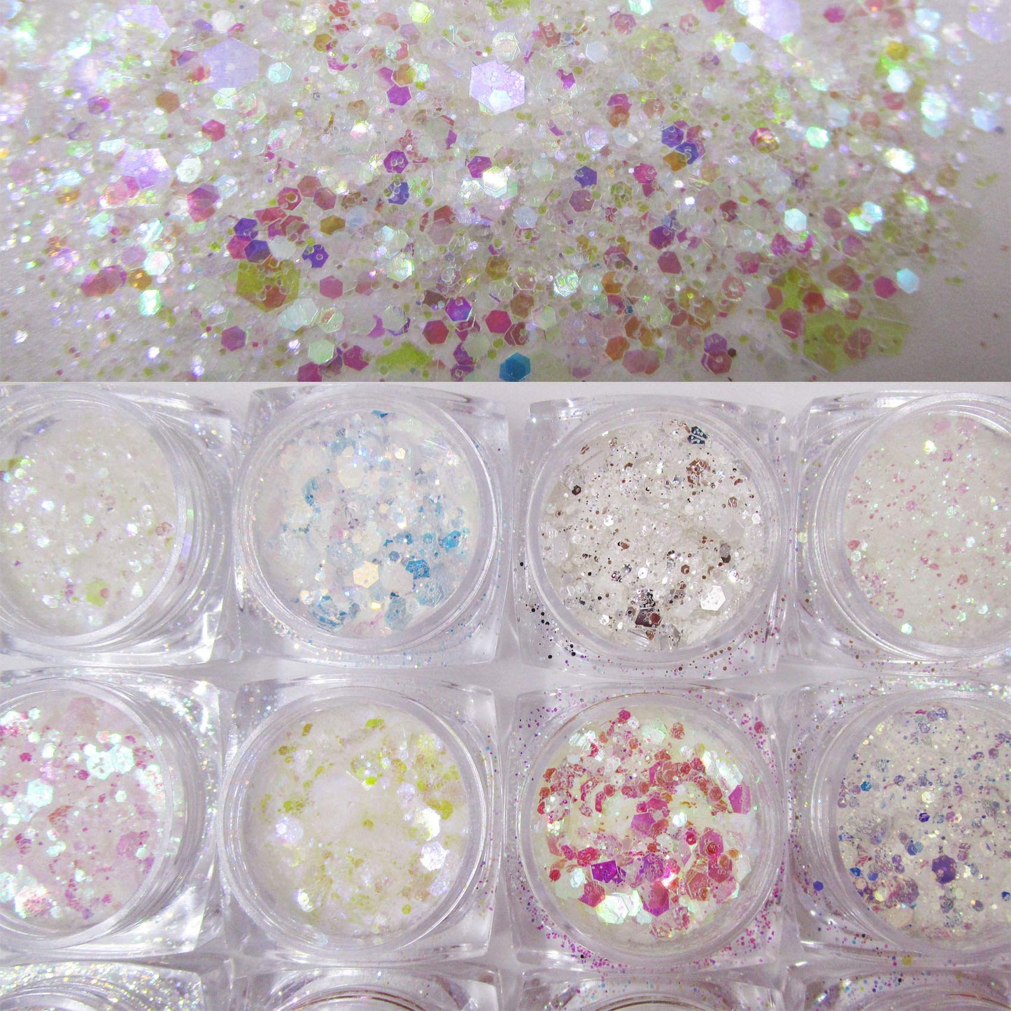 LuckForever 12 Colors Mermaid Iridescent Chunky Glitter Hexagon Fine Glitters Sequins Flakes & Powder Pigment for Epoxy Resin Makeup Body Crafts Nail Art Designs