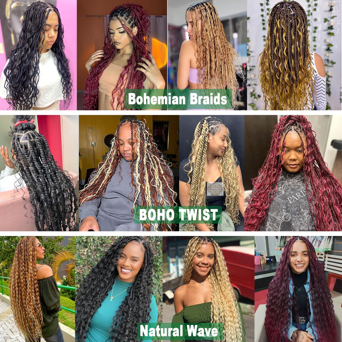 BATISI Water Wave Crochet Hair 6 Packs Curly Braiding Hair for Boho Braids Synthetic Bohemian Curly Crochet Hair 14 Inch #1b Black