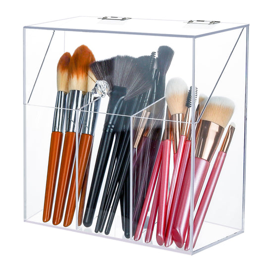 LOHRYVIO Acrylic Makeup Brush Holder with Lid - Clear Cosmetic Makeup Brush Organizer and Storage Box with Cover for Vanity - Large Capacity 3-Slots Container for Brushes (Clear)