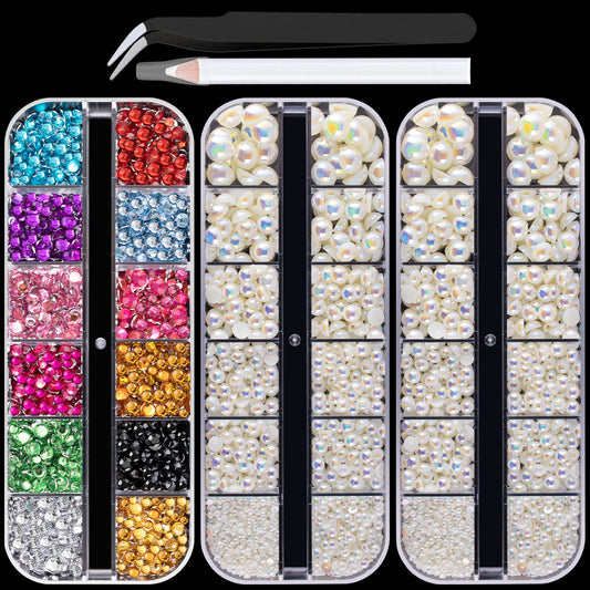 Flat Back Rhinestone+Half Round Pearl Kits Colorful Rhinestones+Beige AB Pearls With Picker Pencil And Tweezer For Home DIY And Professional Use