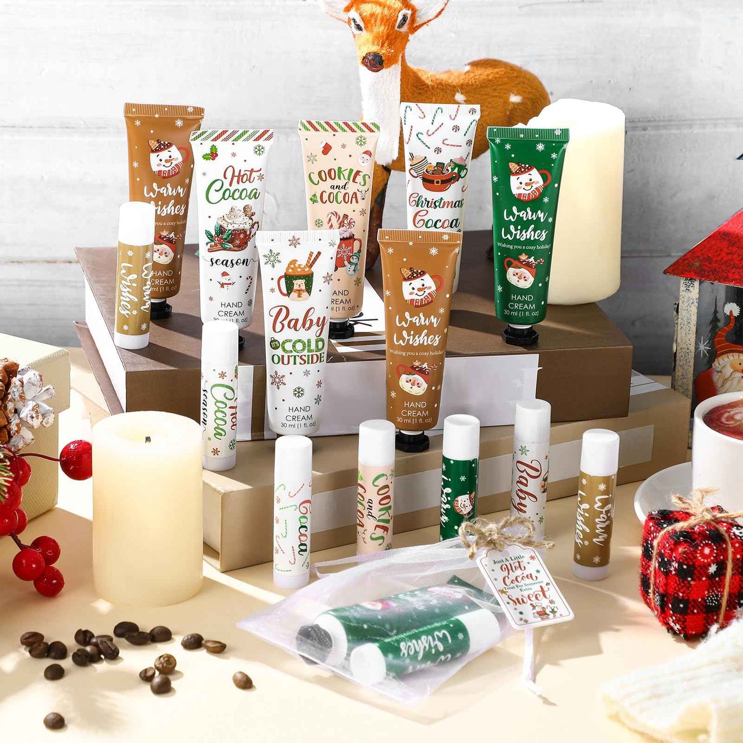 Demissle 36 Pcs Christmas Hot Cocoa Party Favors Hand Cream and Lip Balm Gifts Bulk Xmas Party Stuffers Christmas Stocking Favors Xmas Red Green Hot Cocoa Gifts Set for Baby Shower Guests