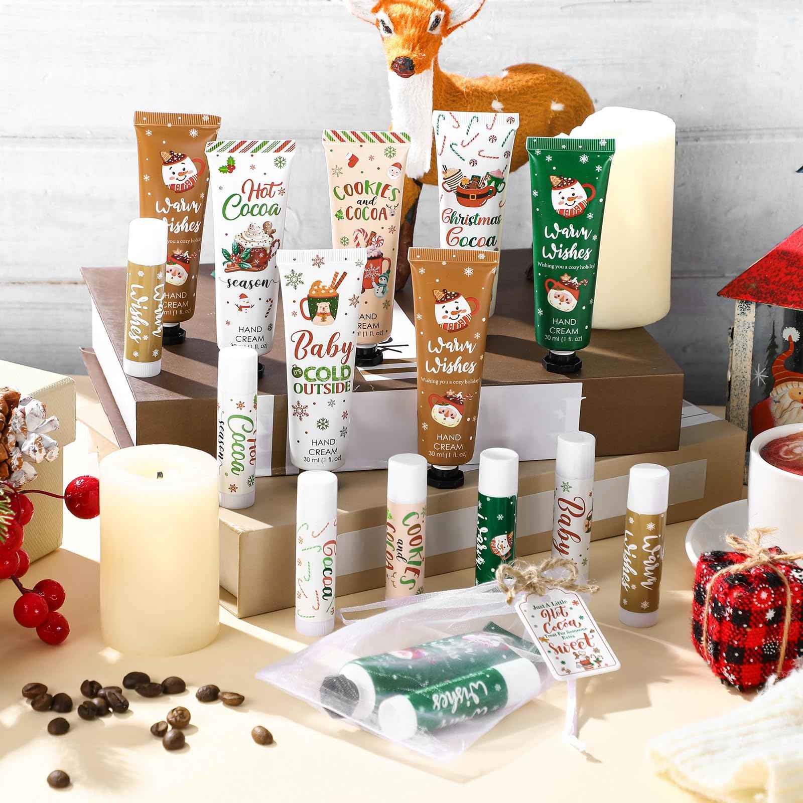 Demissle 36 Pcs Christmas Hot Cocoa Party Favors Hand Cream and Lip Balm Gifts Bulk Xmas Party Stuffers Christmas Stocking Favors Xmas Red Green Hot Cocoa Gifts Set for Baby Shower Guests