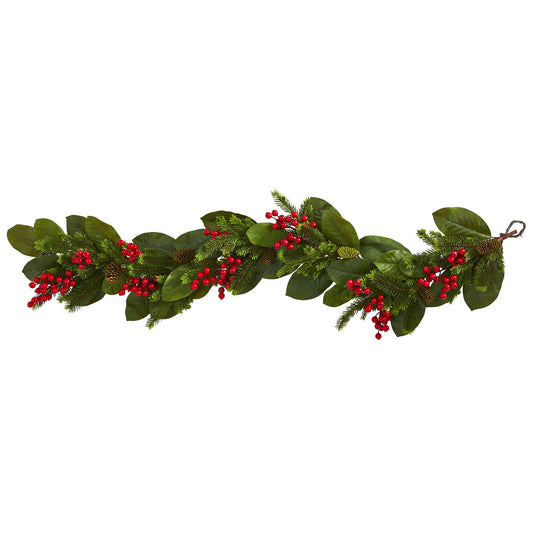 Nearly Natural 5ft. Magnolia Berry Pine Artificial Garland