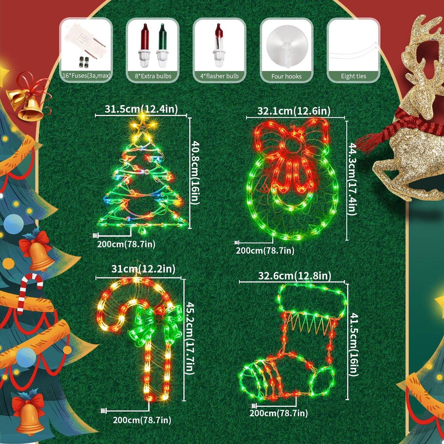 JUSTPRO 4 Pack Christmas Window Silhouette Lights, Lighted Candy Cane,Christmas Tree,Wreath and Christmas Stocking of Double Sided Decorations with 200 Count Incandescent Mini Light