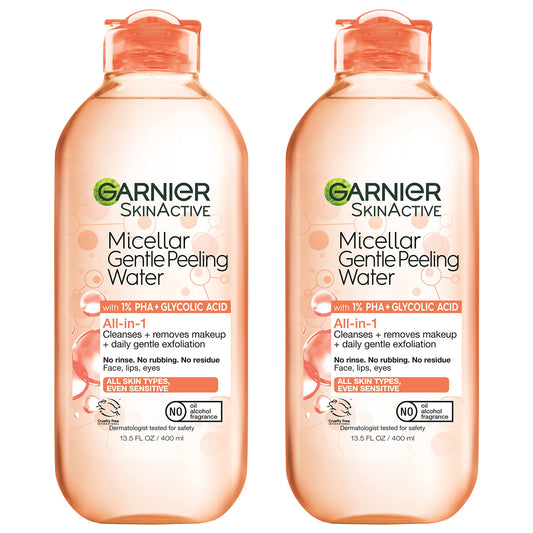 Garnier SkinActive Gentle Peeling Micellar Water with 1% PHA and Glycolic Acid, Face Exfoliant, Facial Cleanser and Makeup Remover, 2 Pack