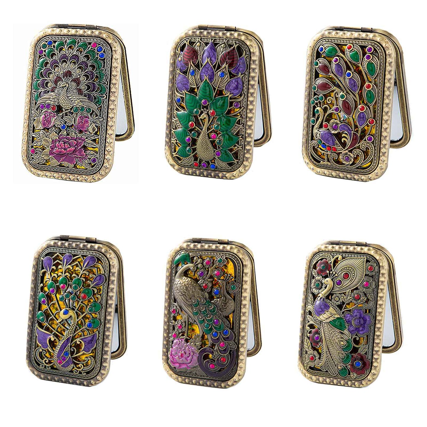 TANG SONG 6PCS Vintage Peacock Pattern Cosmetic Makeup Pocket Purse Magnification Jewel Mirror (6 Different Patterns)
