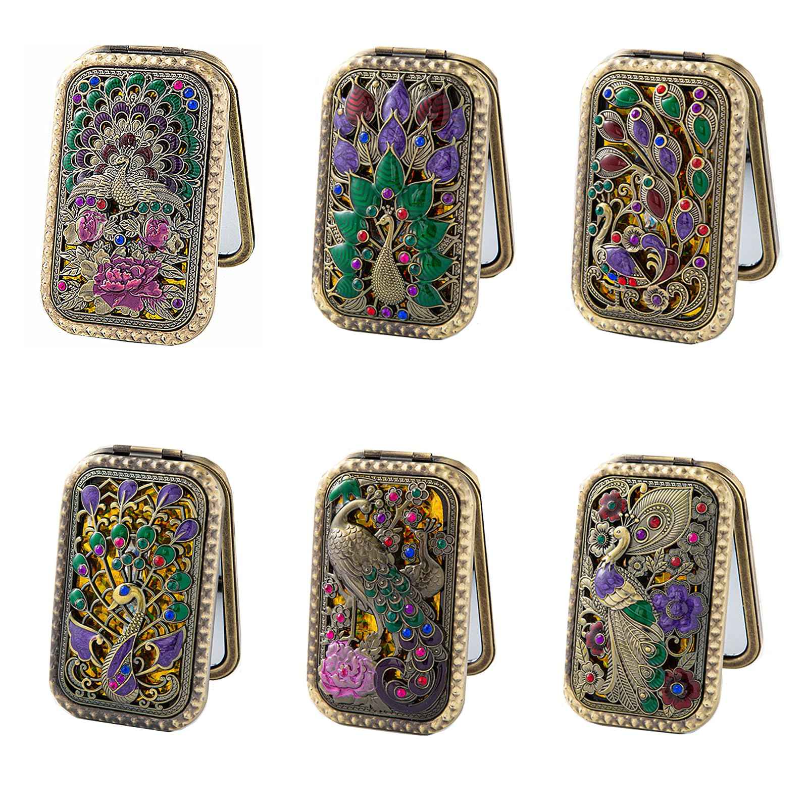 TANG SONG 6PCS Vintage Peacock Pattern Cosmetic Makeup Pocket Purse Magnification Jewel Mirror (6 Different Patterns)