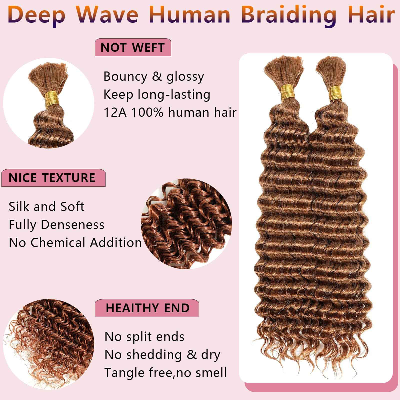 Habiliana 30 Auburn Brown Deep Wave Bulk Human Braiding Hair 2 Bundles Total 100g 18 Inch Human Hair Bundles Braiding Brazilian Virgin Curly Human Hair Extensions for Boho Braids