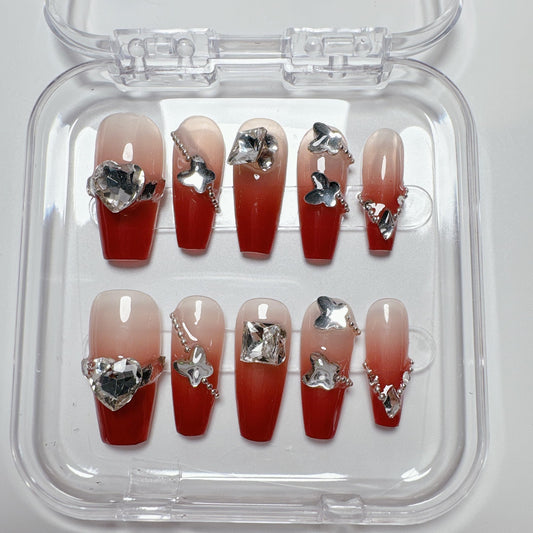 NLSJMP Gel Press On Nails Coffin,3D Handmade Salon Strong Thick Sturdy Acrylic All jewelry Luxury Designs Red long Nails Press On,Reusable Nails 10 Pcs, Size M,#889