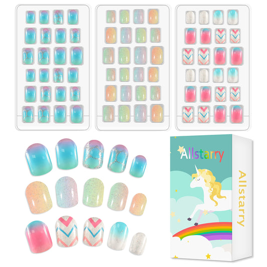 Allstarry 72pcs 3 pack Children Nails Press on Pre-glue Full Cover Glitter Gradient Color Rainbow Short False Nail Kits Lovely Gift for Children Little Girls Nail Art Decoration - Rainbow Glitter