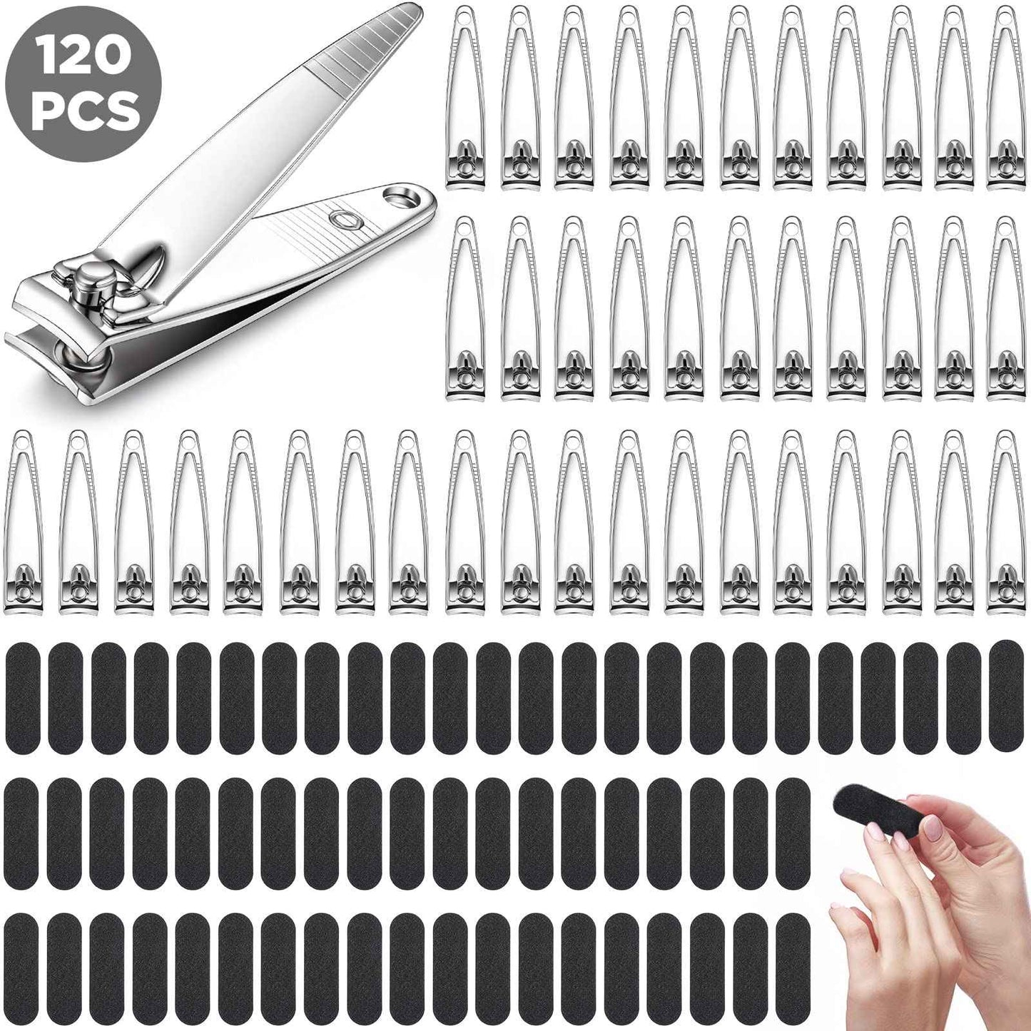 Lothee 120 Pcs Nail Clippers and Nail File Sets Bulk for Men Women 60 Pcs Thick Stainless Steel Fingernail and Toenail Cutter Clippers 60 Mini Double Sided Emery Board Manicure Pedicure Beauty Salon