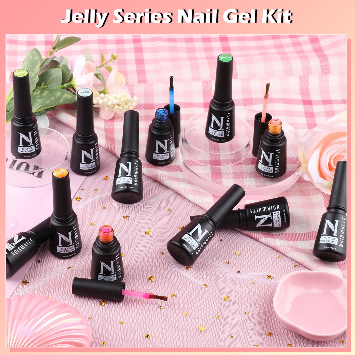 noirwhite Jelly Gel Nail Polish, 12 Pcs Glossy Trendy Colors Transparent Nail Polish Set Nude Pink Purple Green Blue Yellow Colors Jelly Nail Polish Kit UV LED Soak Off Home DIY Nail Art Salon