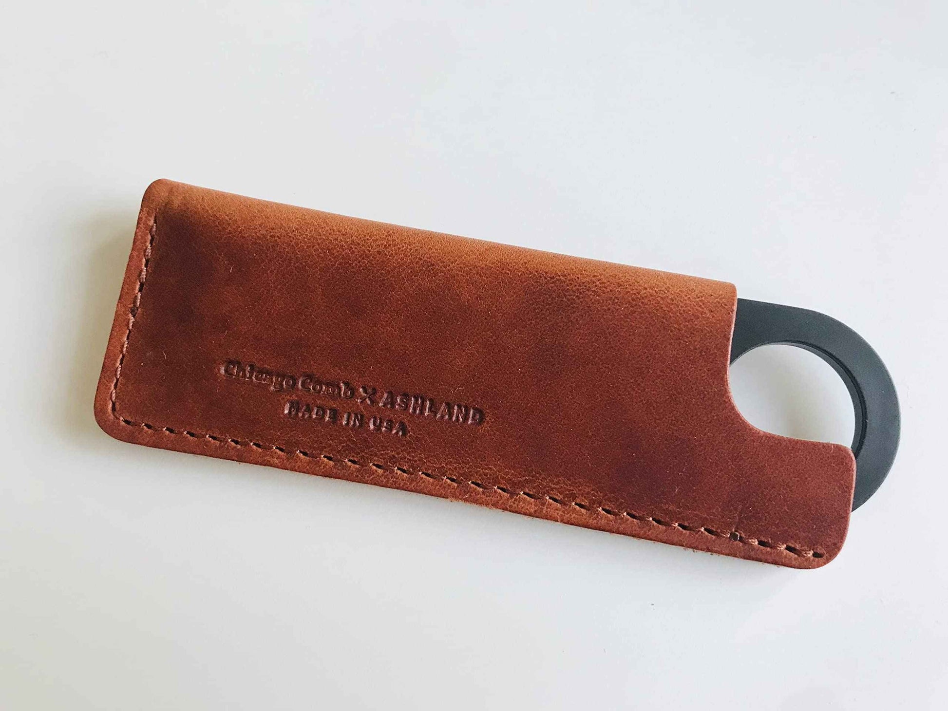 Chicago Comb No. 2 Carbon Fiber + Tan Horween leather sheath, Made in USA